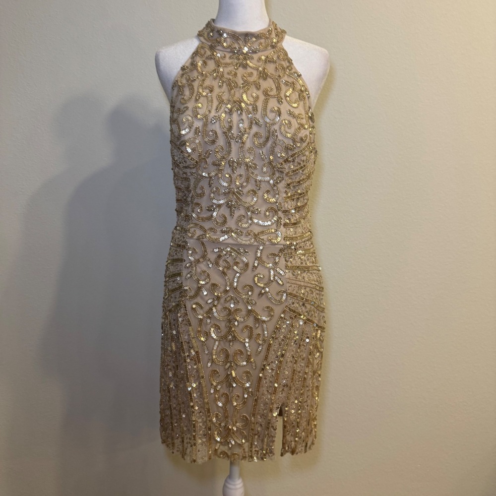 Galina Signature Gold Sequin Beaded Halter Neck‎ Mini Dress Size 10